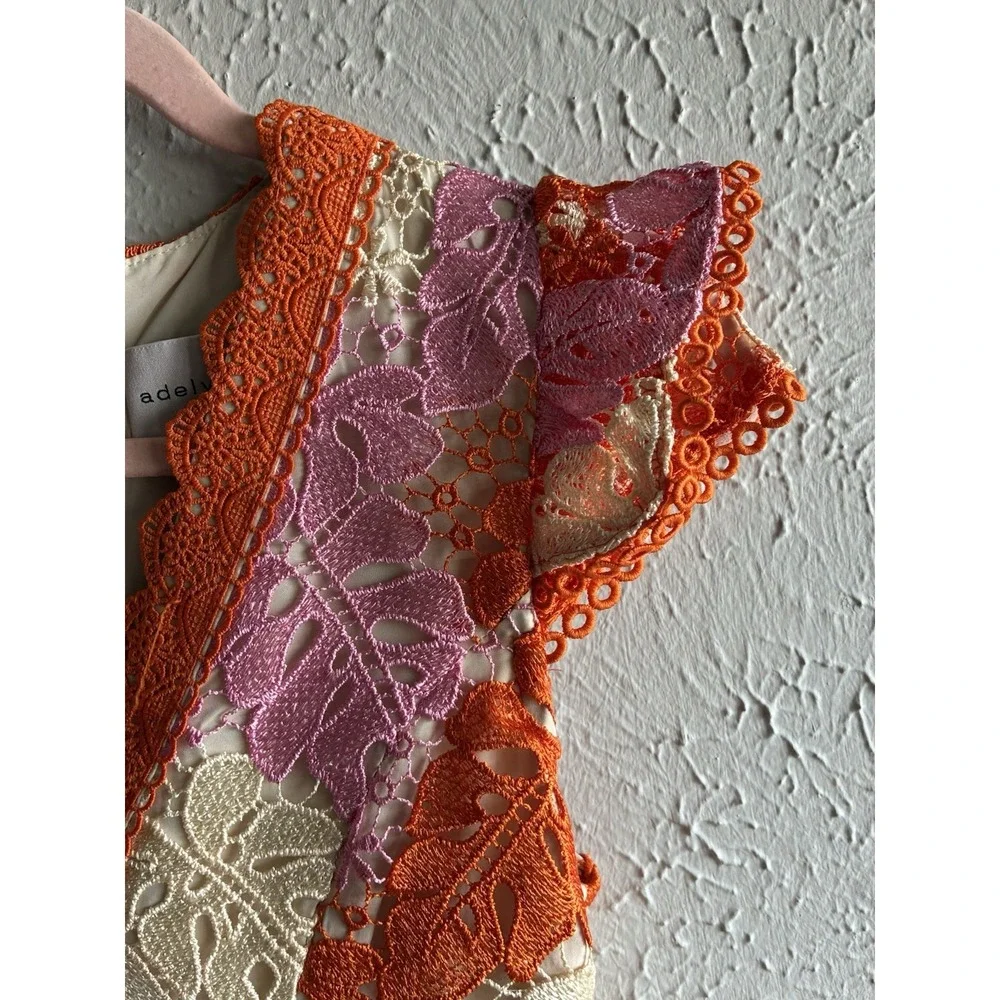Adelyn Rae Crochet Lace Midi Dress XS Floral Orange Pink Boho‎ V-Neck